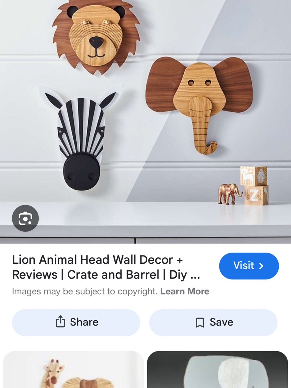 Crate&Barrel Wooden Animal Head Trio Wall Hooks in Brown and Black